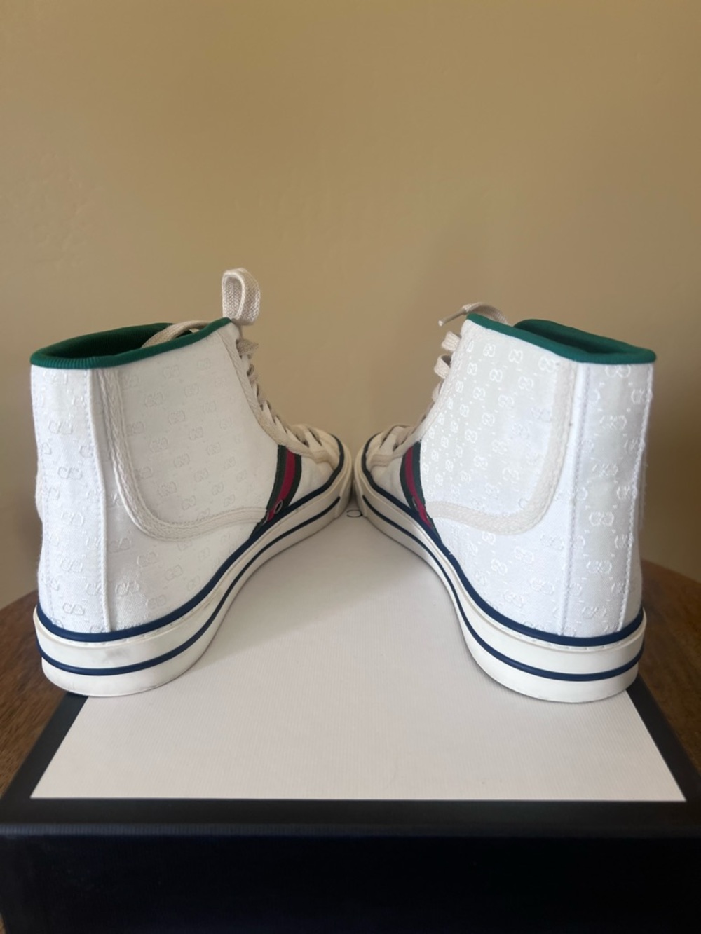 Gucci White High-Top Sneakers with Green and Red Web Stripe - Picture 6 of 8